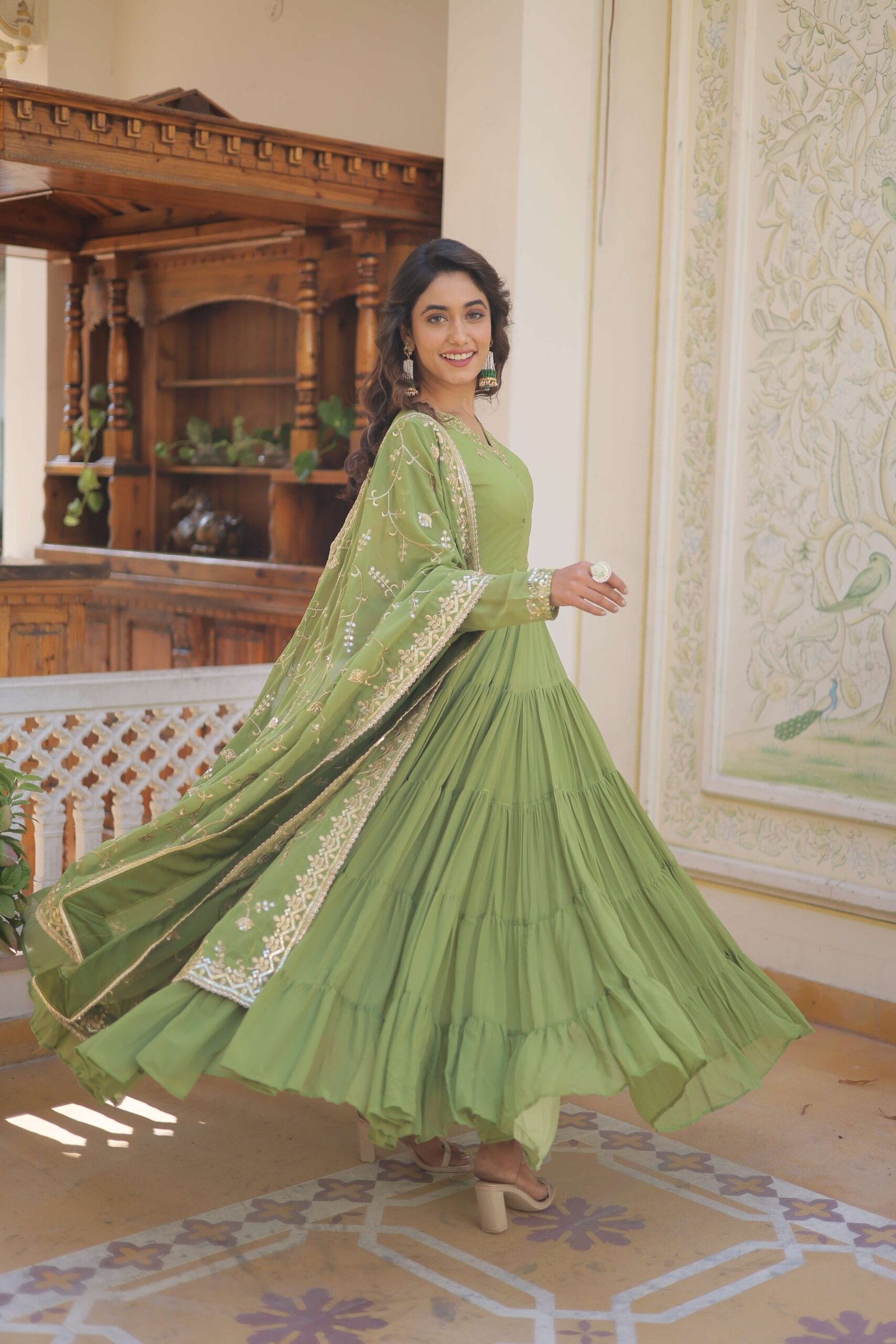 Green Faux Georgette Designer Gown with Sequined Dupatta ? Fully Flared Elegant Ready-to-Wear Set - Image 5