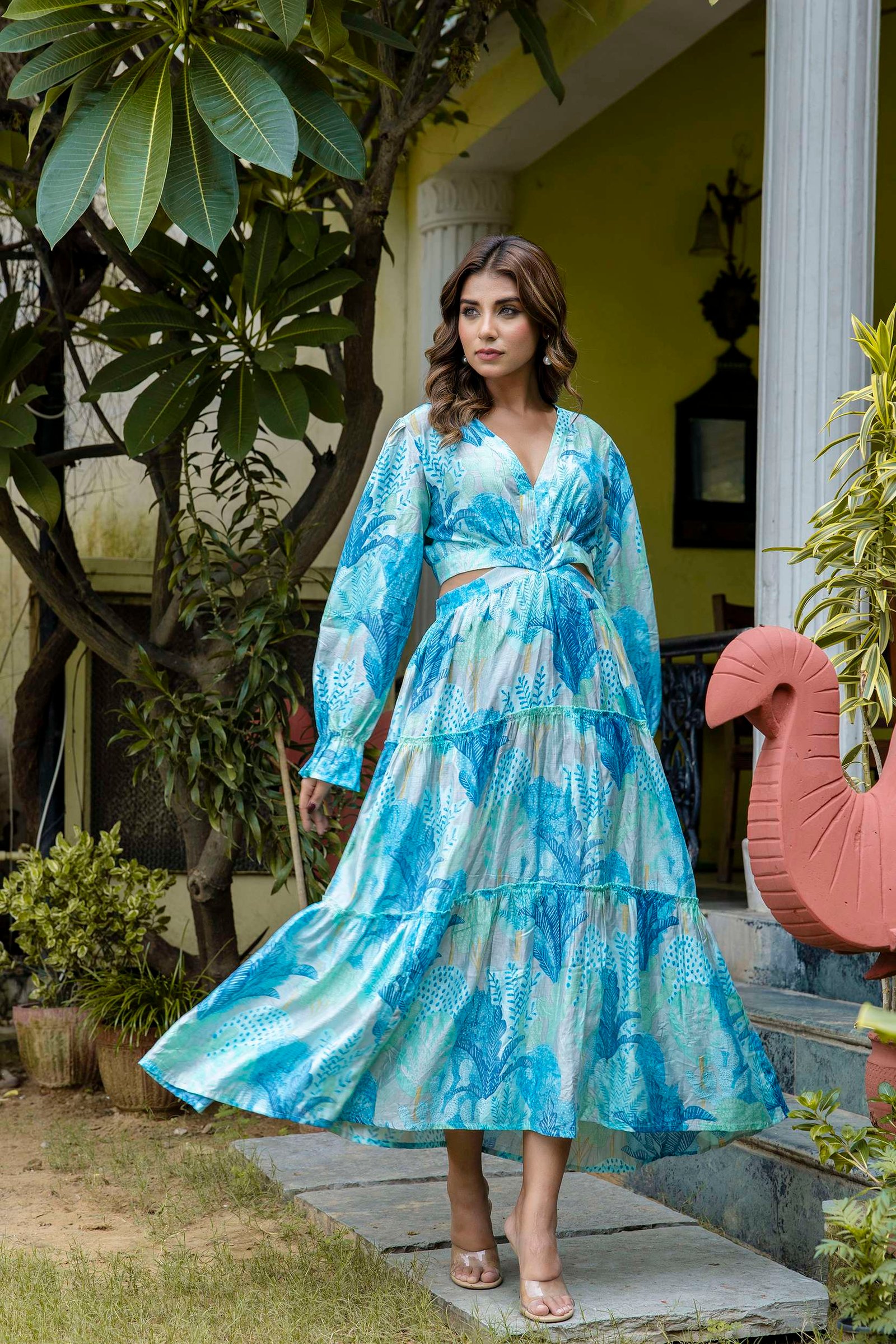Women's Silk Printed V-Neck Long Bell Sleeves Tiered Maxi Dress Gown - Image 7