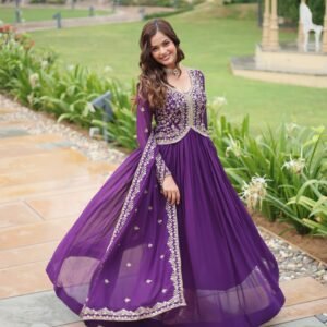 Purple Faux Blooming Sequins & Zari Embroidered Gown with Matching Dupatta
