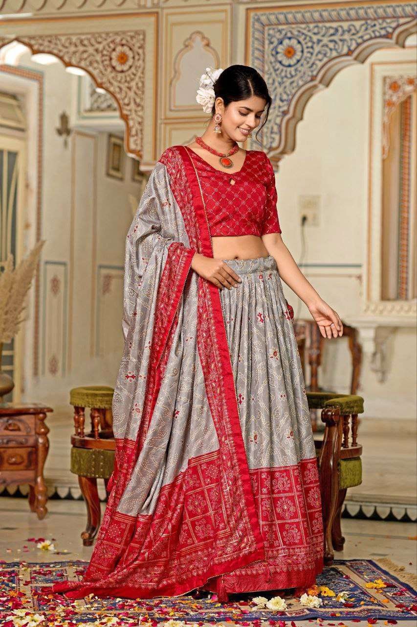 Grey Dola Silk Lehenga Choli with Red Blouse & Minakari Foil Print | Wedding & Party Wear - Image 3