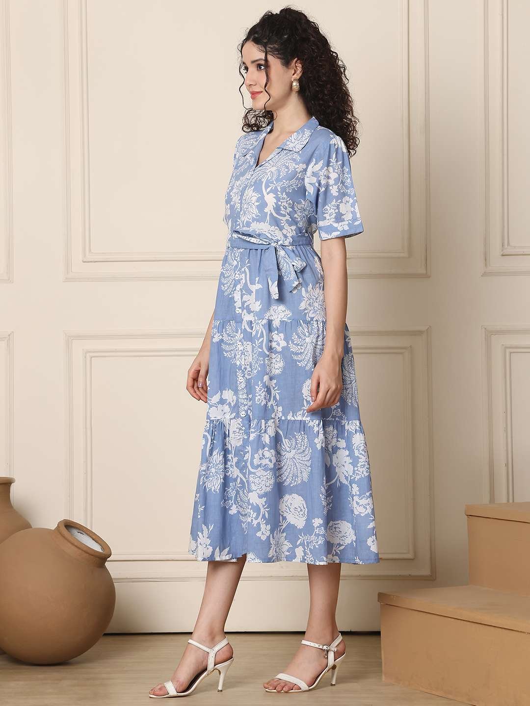 Women's Cotton Printed A-Line Midi Dress | Short Sleeve Flared Gown Dress (Sky Blue) - Image 2