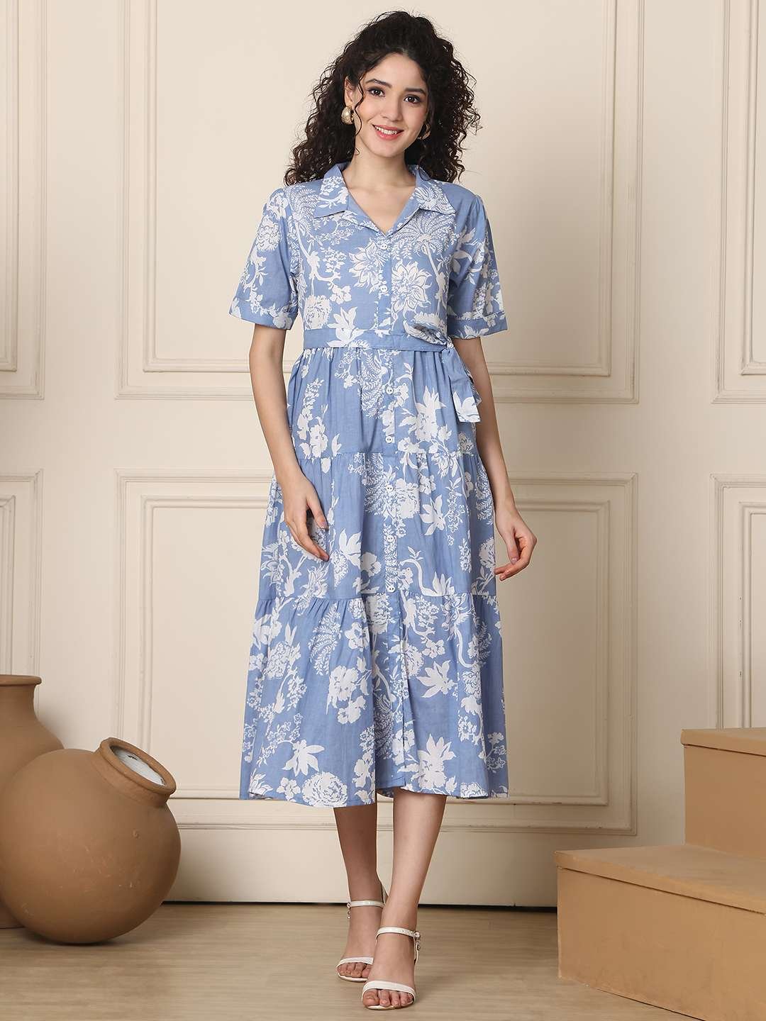 Women's Cotton Printed A-Line Midi Dress | Short Sleeve Flared Gown Dress (Sky Blue) - Image 6